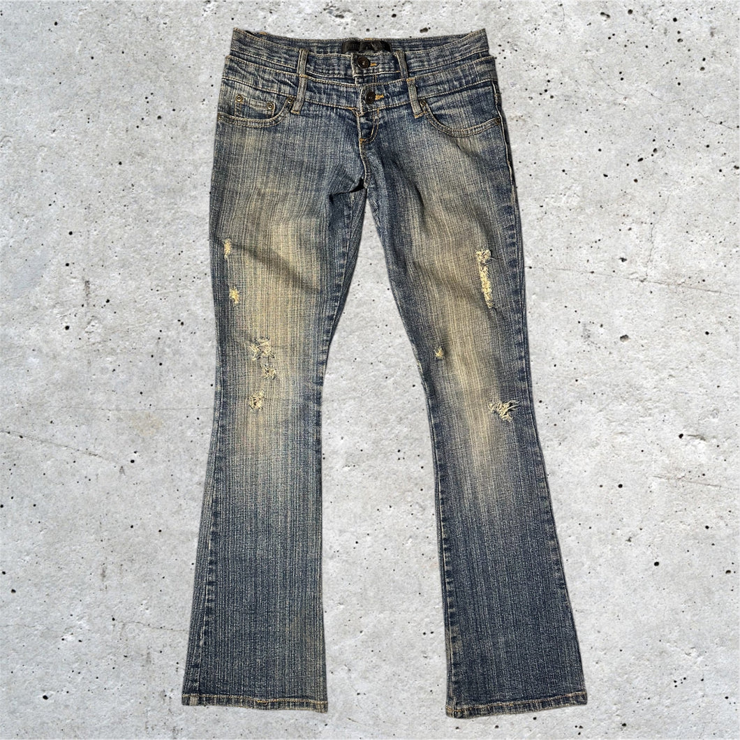 White Fran Double Waisted Mudwash Flared Jeans